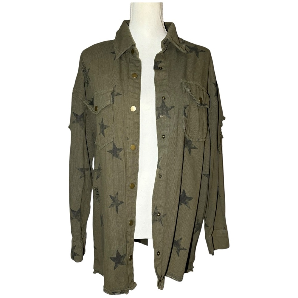 Mittoshop Women’s Small Star Distressed Jacket Front Chest Pockets Snap Buttons